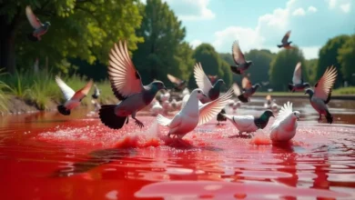 275 pigeons dive into a pond filled with red glue